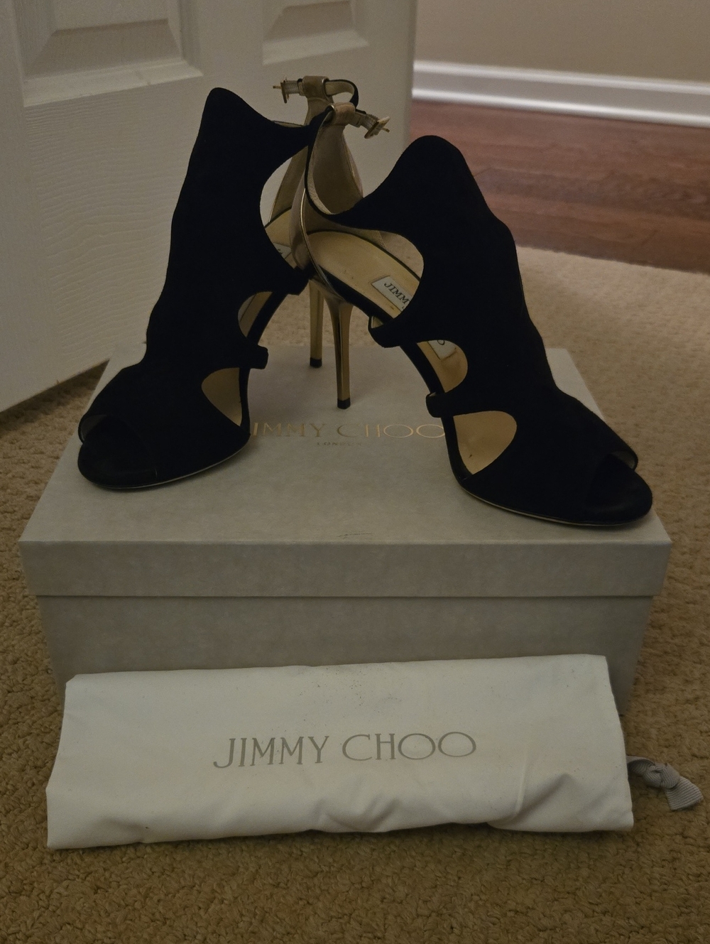 Jimmy Choo Tarine Black Suede Cutout Stiletto Sandals